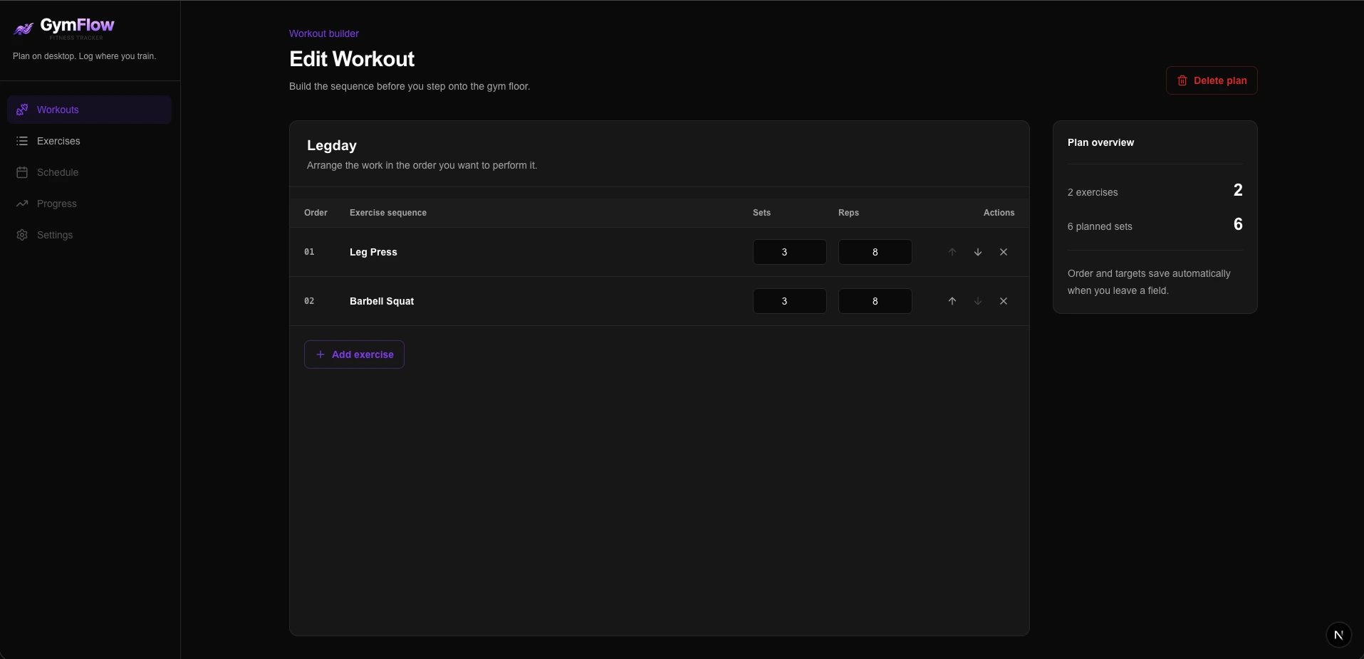 GymFlow desktop workout builder with an exercise sequence, planned sets and reps, and a plan overview