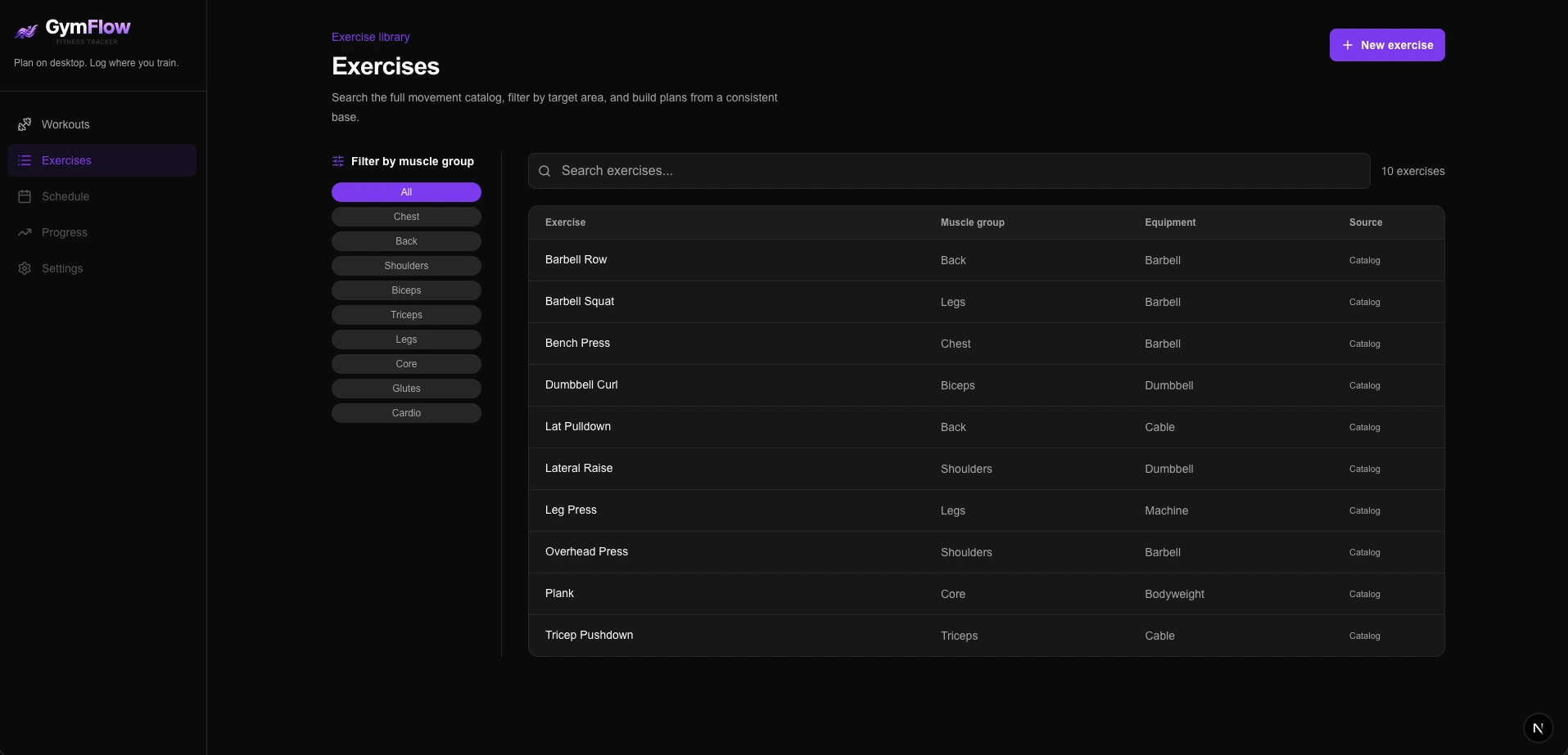 GymFlow desktop exercise library with search, muscle group filters, and a structured catalog table