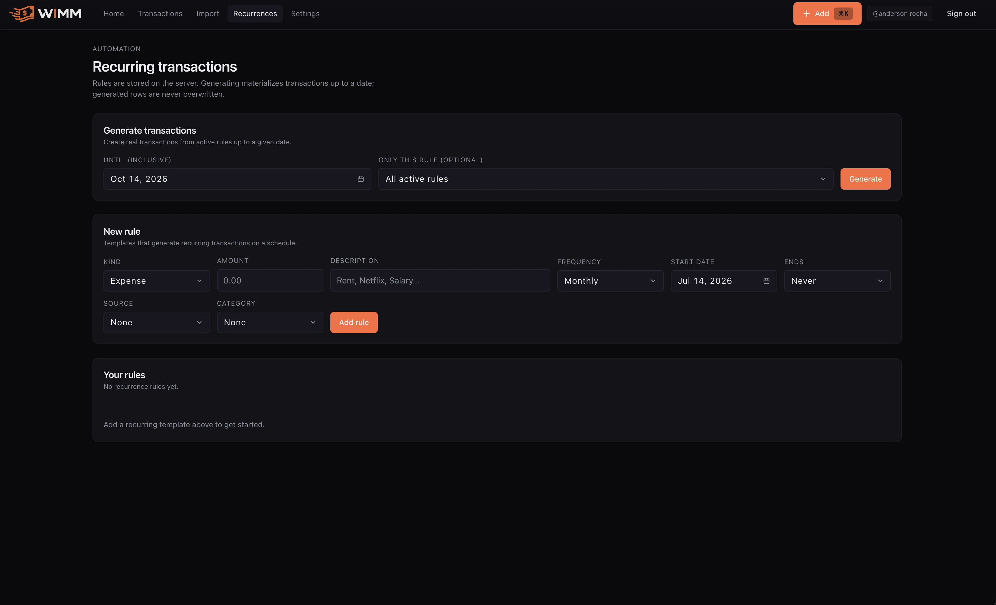 WIMM recurring transactions workspace for generating and defining scheduled rules